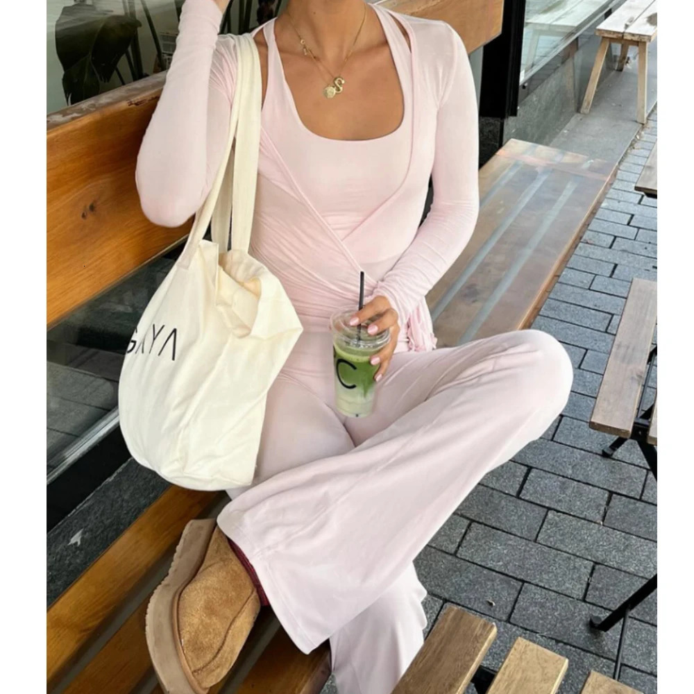 Women Autumn y2k Yoga 2 Piece Outfits Casual Solid Tie up Hem Wrap Long Sleeves Vneck Crop Tops Elastic Flare Pants Tracksuits 251029