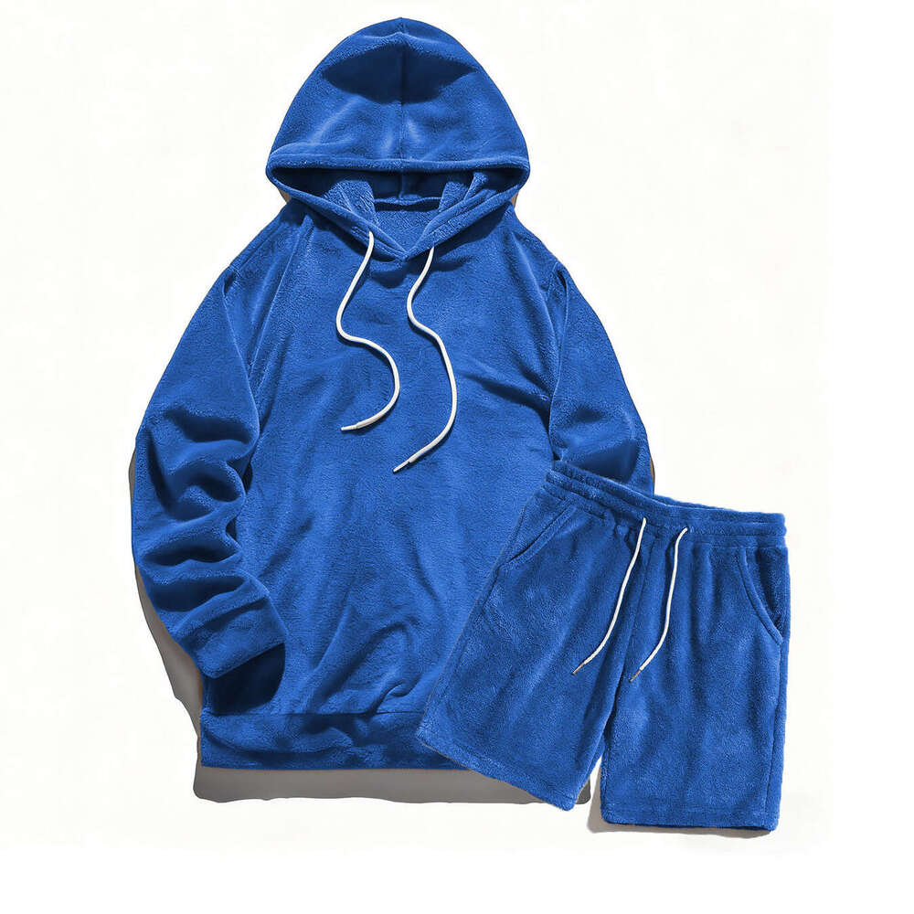 European Autumn Winter Plus Size Hooded Men's Casual Personality Fashion Sweatshirt Coral Fleece Jacket Shorts Set