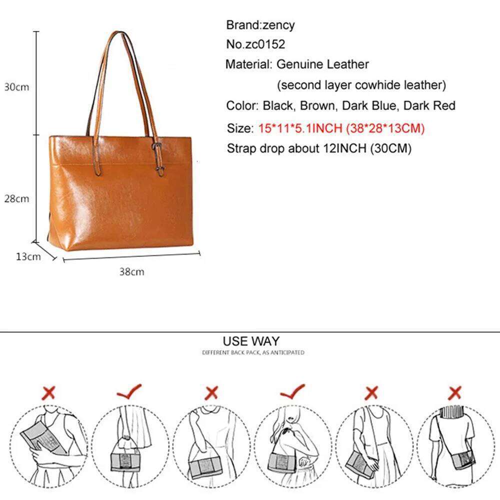 Designer bag 52 Zency New Brown Women Handbag 100% Genuine Leather Female Shoulder Purse Ladies Black Tote Bag Large Capacity Shopping Bags