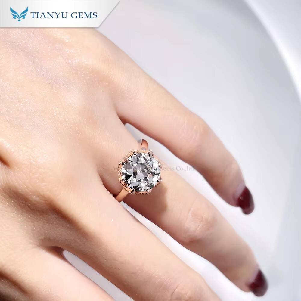 Tianyu Gems 14k Rose Gold Round Old Europe Cut 90mm 3ct Moissante Diamond Tulip Design Engagement Ring for Women