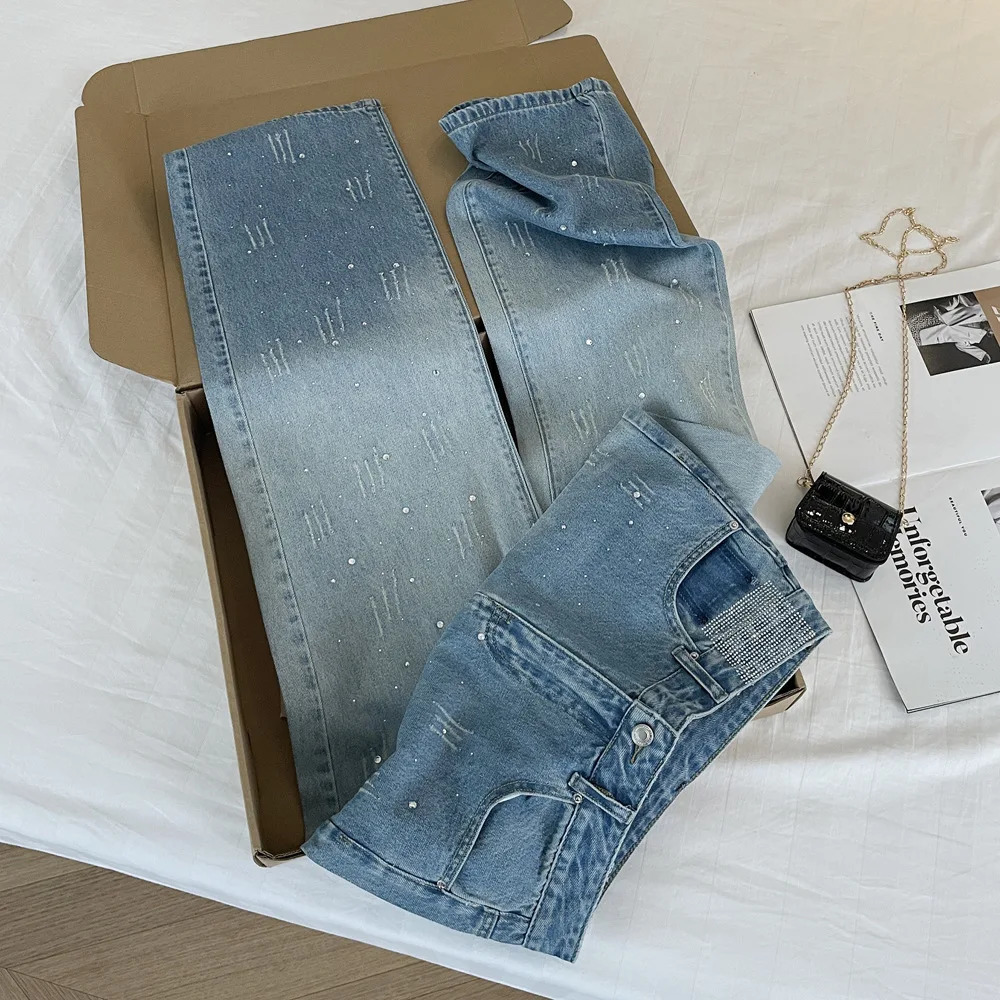 Fashion Women Gradient Blue Diamond Studded Jeans High Waist Straight Leg Denim Pants Spring Autumn Chic Female Trousers 251029