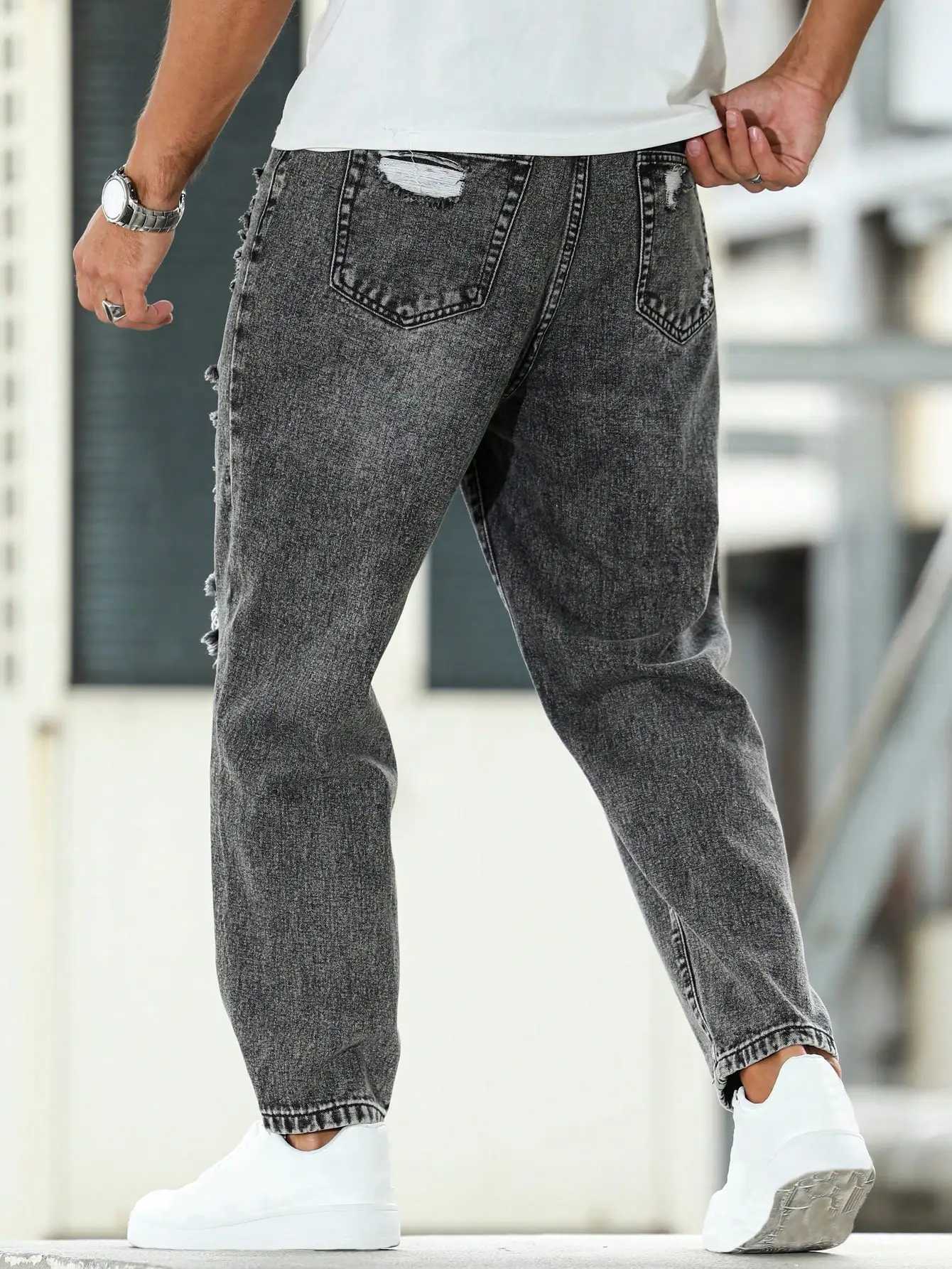 Mens ripped jeans for spring and autumn dark gray harem pants Street style Casual trend J251030