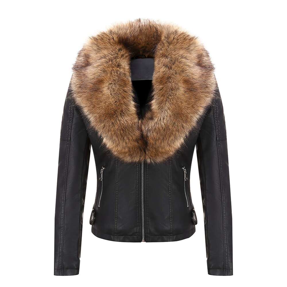 Faux Jacket Retro Faux Leather Jacket Women S Autumn And Winter Motorcycle Coat With Detachable Large Fur Collar