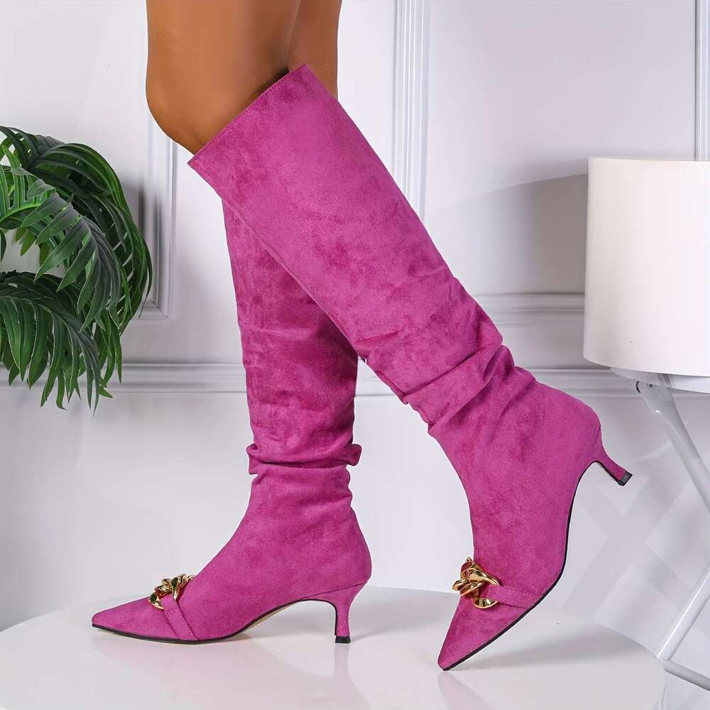 Women's Pink Pointed-Toe Stiletto Heel Knee-High Boots With Metal Chain Detail - Slip-On PU Cover Dress Shoes For Parties, Banquets & Casual Wear
