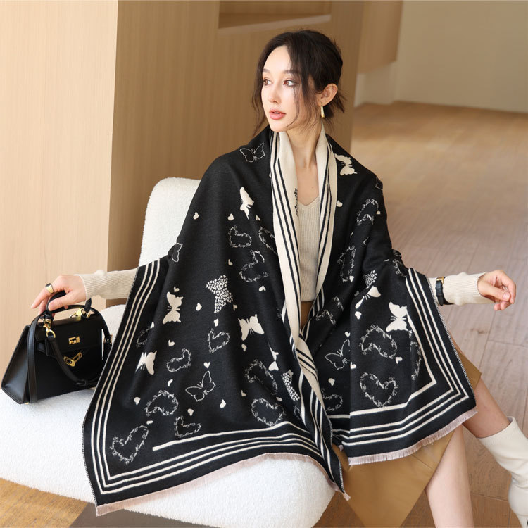 Ladies Butterfly Love Pattern Scarf Large Size Black And White Imitation Cashmere Shawl Warm And Versatile Scarf For Autumn And Winter Suitable For Da