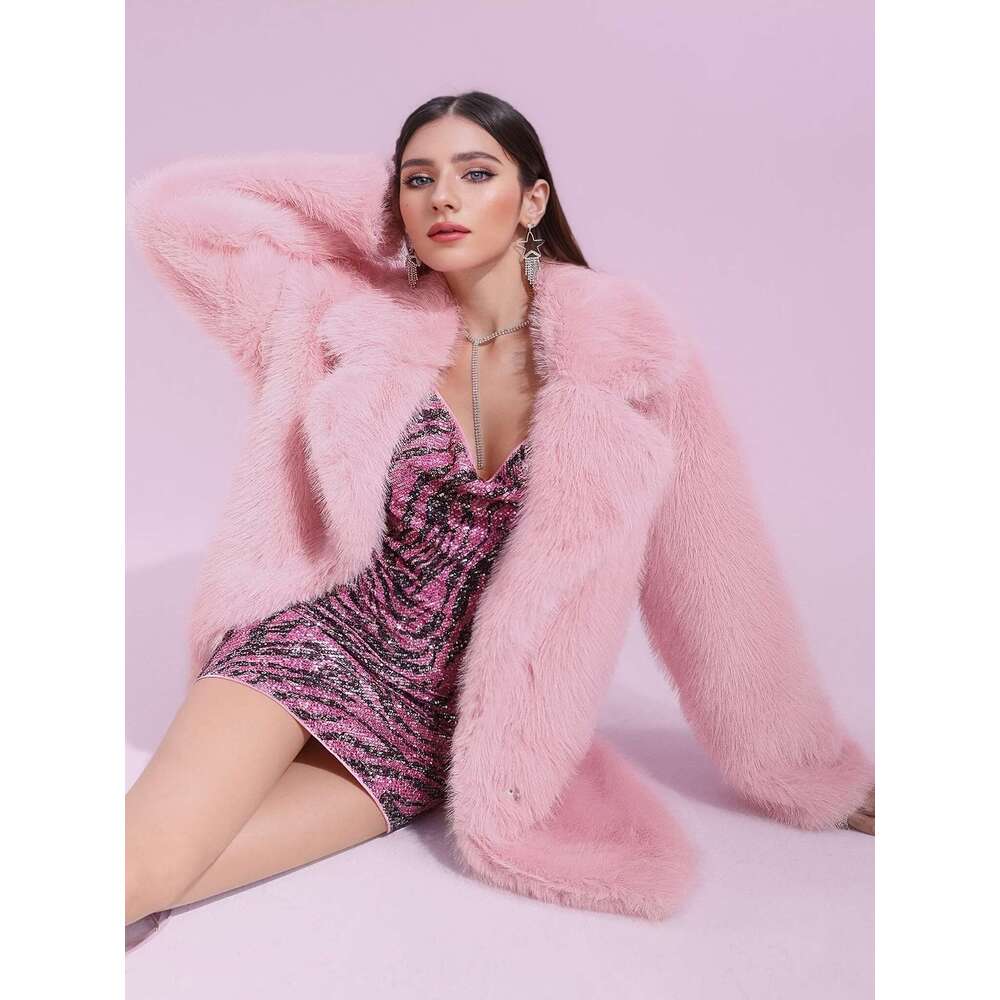 Faux Coat Women S Plus Size Faux Fur Coat Elegant Solid Color Polyester Long Sleeve Midi Coat With Lapel Collar Non Stretch Knit Fabric Fall Winter