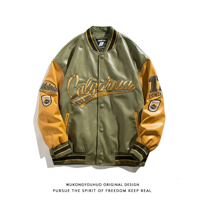 Trendy Mens PU Leather Baseball Jacket Spring Autumn Loose Couple Pilot Coat Embroidered Outerwear Casual 251028