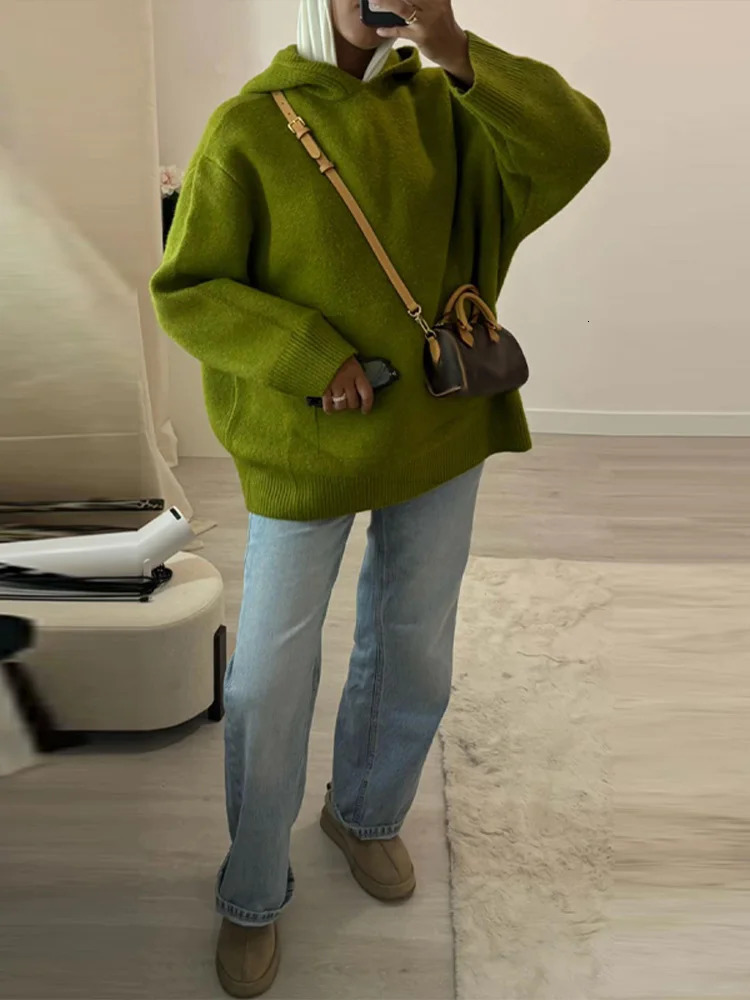 Casual Hooded Sweater Pullover Womens Loose Full Sleeves Knitted Coats With Pockets Autumn Winter Ladies Solid Outwear 251027
