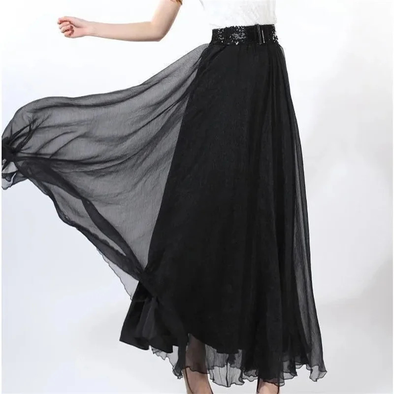 2025 Fashion Women Chiffon Long Skirts High Waist Floor Length Ruffles White Summer Boho Maxi Skirt Saia Longa Faldas 251028