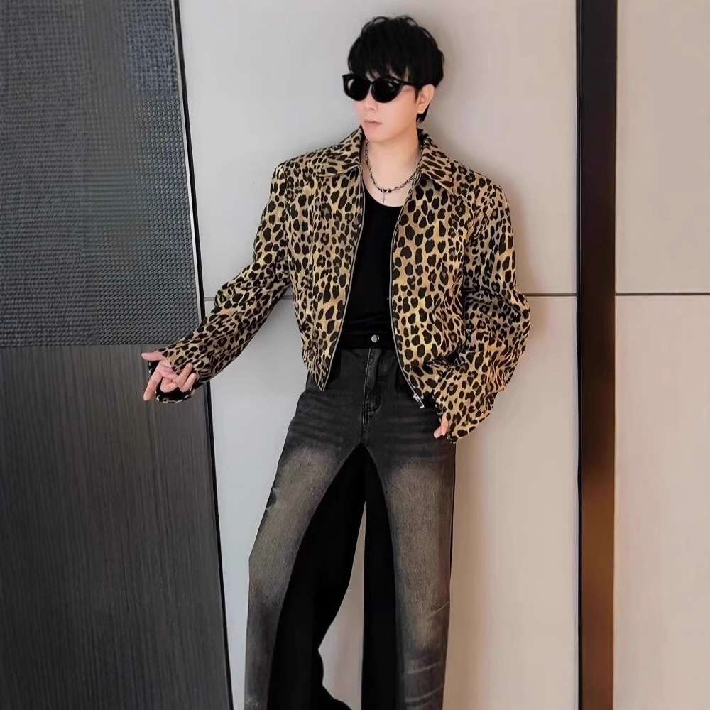 Washed Leopard Print Denim Jacket For Men Spring And Designer Jacket Autumn New Style Niche Design Loose Casual Stylish Short Padded Shoulder Jacket