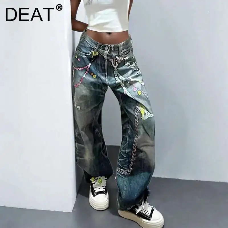 DEAT Womens Fashion Straight Printed Casual Denim Pants Spring Arrival Female Long Chain Gradient Jeans Trendy 11A03657 251029