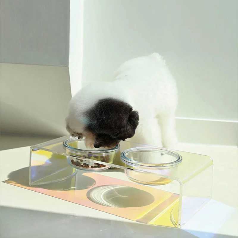 Pet Supplies Pet New Laser Dazzling Dining Table Acrylic Cat Dining Table Bowl Rack Dog Bowl Dinner Rack J251113