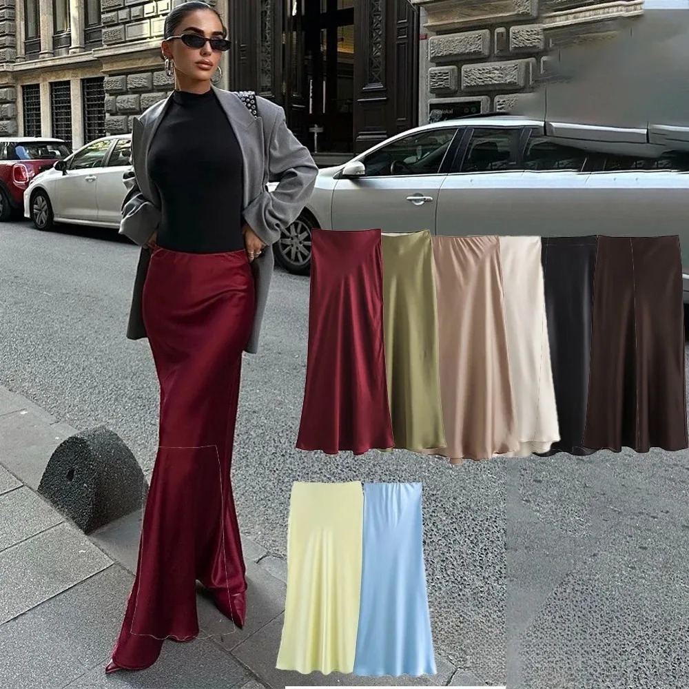 KONDALA Vintage Satin Solid Long Skirts Women High Waist Elastic Silky Skirts Fashion 2025 Spring Elegant Straight Skirts 251028