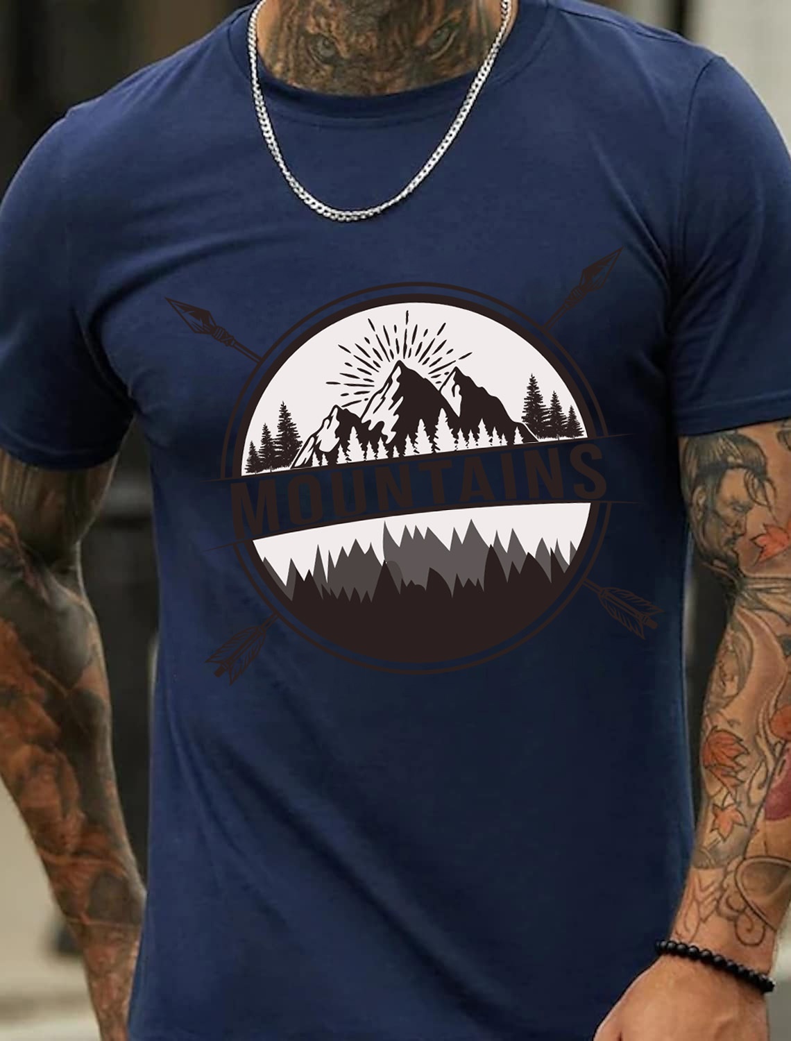 European and American Oversized MOUNTAINS Letter Print Sports T-Shirt for Men - Cotton Short Sleeve - TT7069