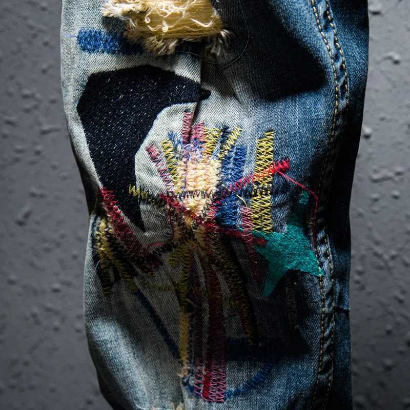 Men Streetwear Hiphop Ripped embroidery Slim fit jeans Knee Holes Destroyed Man Casual Cotton joggers beggar denim pants J2510301
