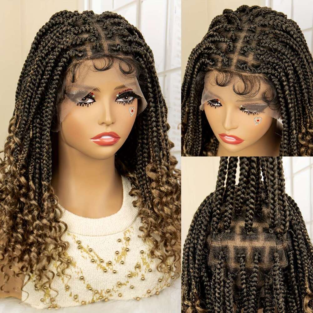 Bohemian Style Woven - Knotless Goddess With Curly Full Square Synthetic Braid Wig Featuring, Suitable For Women, Natural Black Braided Lace Front Wig
