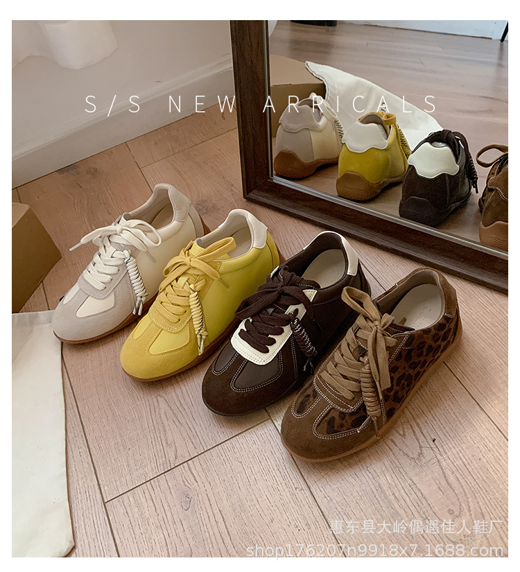 Cowhide lace-up color-blocking round toe versatile casual sneakers women's leather board shoes to increase height training shoes2025