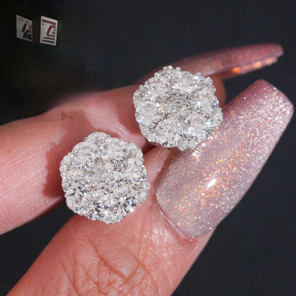 New hot sell by tester Hip hop Sier gold-plated VVS Dia diamond flower stud cluster Christmas gifts