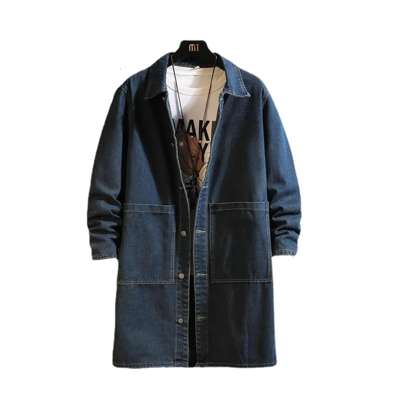 Men Long Jean Jacket Winter Women Trend Big Pockets Turndown Collar Trenchcoat Outerwear Fashion Black Loose Denim Coats 251029