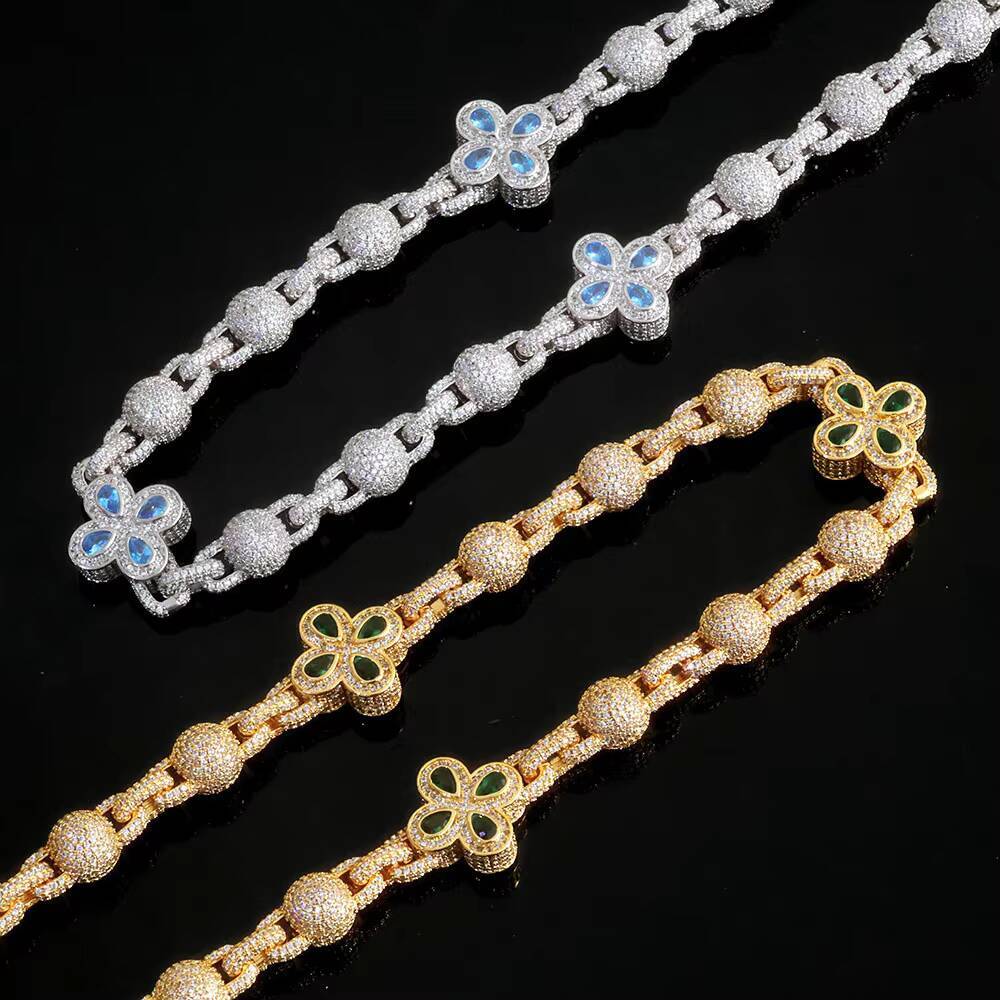 NUOYA Silver Plated Miami Cuban Chain Pants Chain Iced Out Flower Four Leaf Clover Design Diamond Cut moissanite Hip Hop Jewelry Designer's style