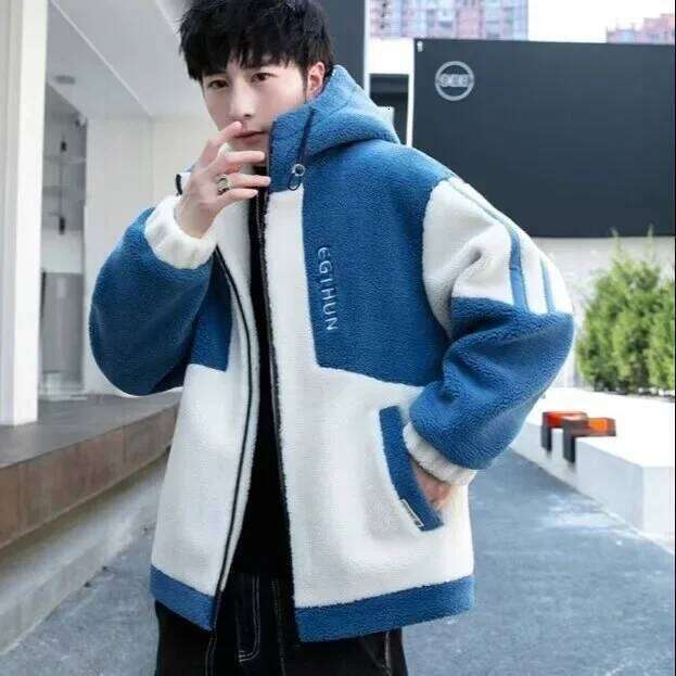 Men's Thickened Lamb Veet Jacket Winter Hooded Particle Cotton Clothes Student Fashion Brand Inner Fleece Coat