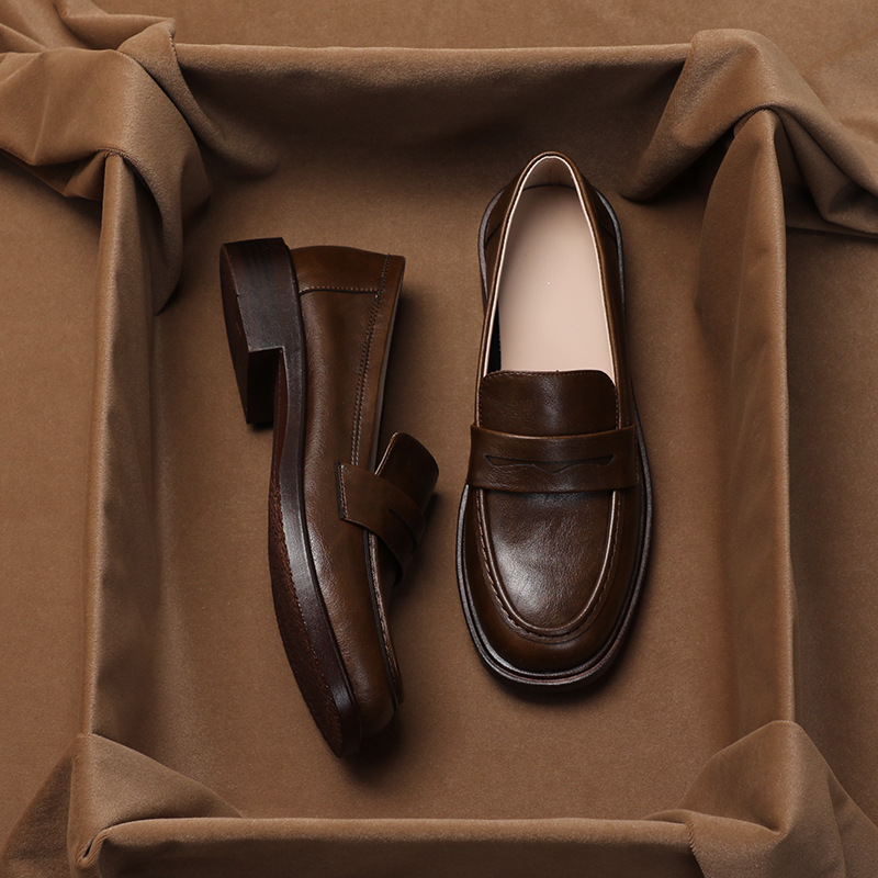 Real soft leather loafers women's spring single shoes retro thick-heeled round toe Mary Jane shoes with one foot of small leather shoes