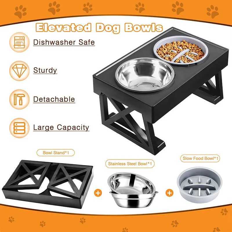 Dog Double Elevated Bowls Stand 3 Adjustable Height Pet Slow Feeding Dish Bowl Medium Big Dog Elevated Food Water Feeders Table J251113