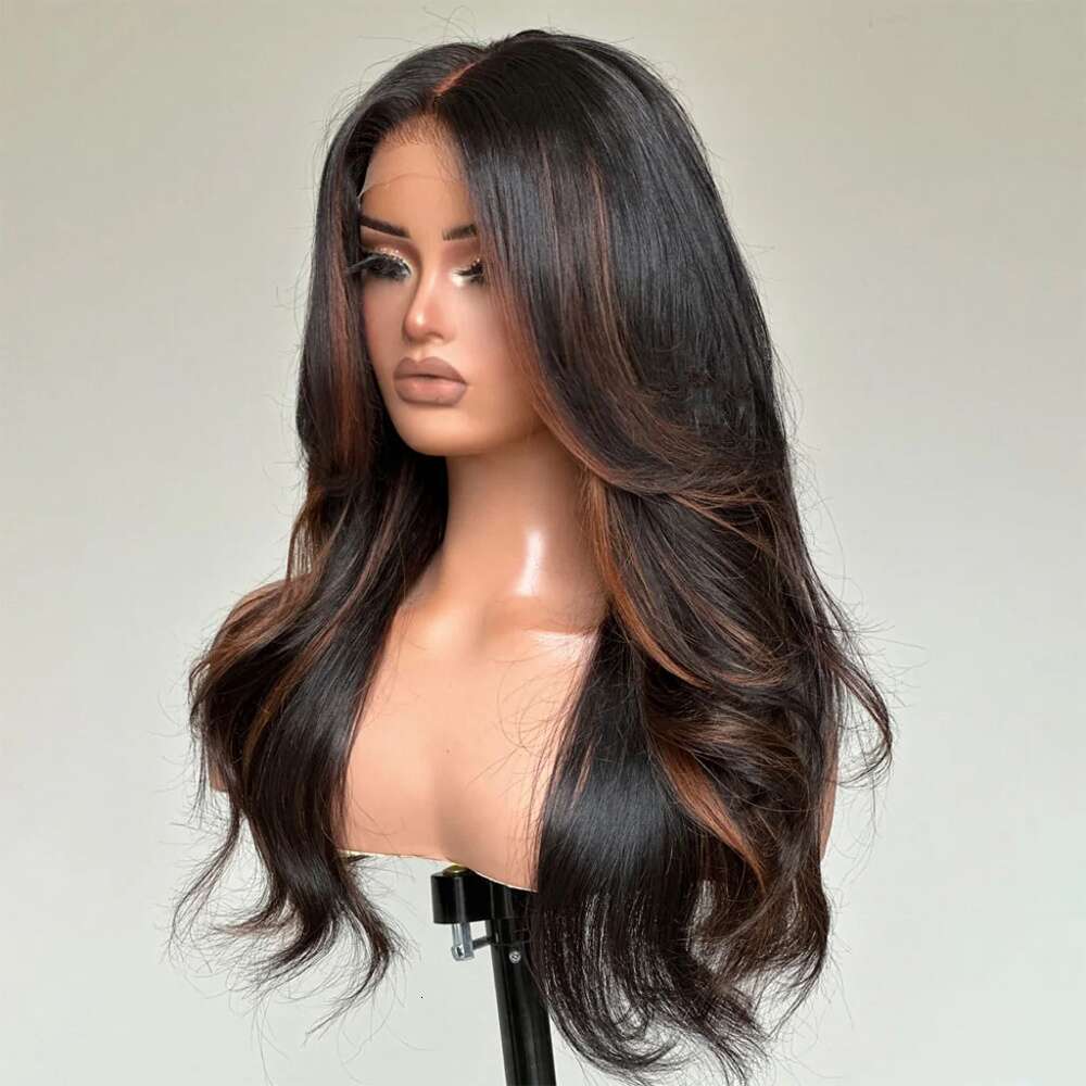 4X4 Ready To Go Brown Highlight Straight Layered Cut Style With Hairline 180% Density Glueless Body Wave Human For Long Wig Looking Natural Brazilian 