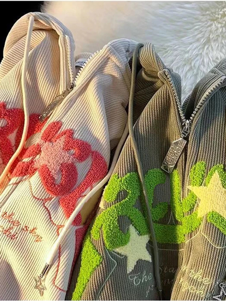 Corduroy Embroidery Loose Hoodies Women Autumn Long Sleeve Tops Zipper Hood Shirt Harajuku Y2K Clothes Female Sweatshirt Jacket 251030