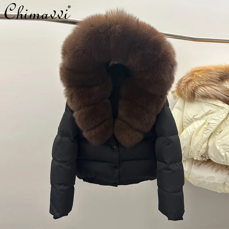 French Elegant Casual Fox Fur Collar Hooded Down Coats Fashion Versatile Thickened White Duck Down Short Jackets Women Winter 251028