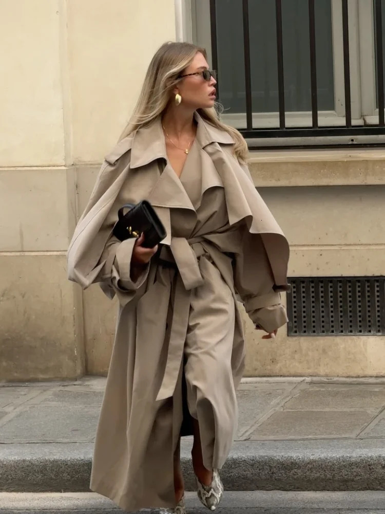 Women Casual Lace Up Long Trench Coat Chic Solid Color Full Sleeve Lapel Windbreaker 2025 Fashion Loose Commute Jackets 251029