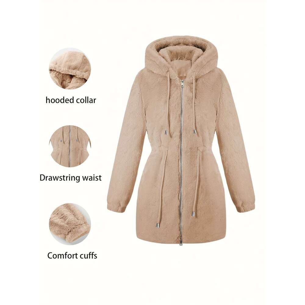 Women S Elegant Cream Faux Fur Hooded Jacket Casual Fall Winter Outerwear With Drawstring Waist And Zipper Pockets