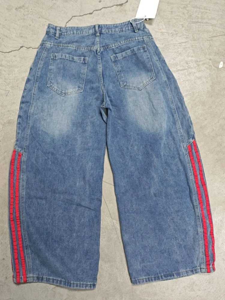Trashy Y2K 2000S Red Striped Patchwork Washed Blue Baggy Jeans Pants For Men Clothing Wide Leg Korean Casual Lady Denim Trousers J251030