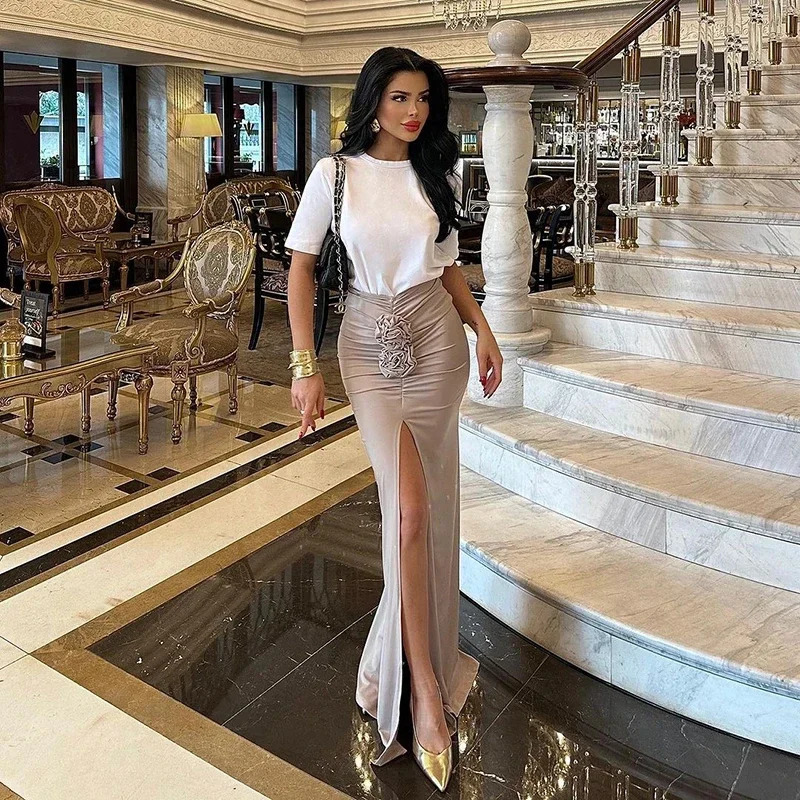 Summer Fashion Women Skirt Streetwear Solid Skirts Appliques Sexy Split Slim Elegant Female Party Straight High Waist Skirts 251028