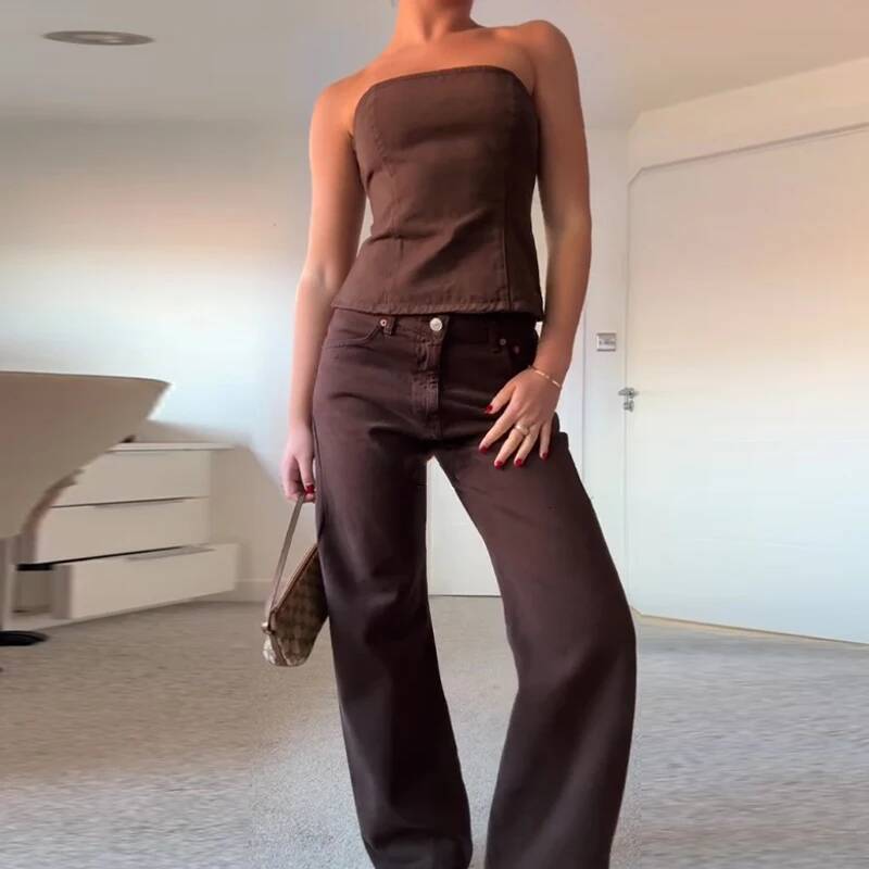 winter jacket women HXAO Women's Brown High Waist Pocket Vintage Baggy Jeans Woman Long Casual Pants Spring Trousers Streetwear Summer 2025