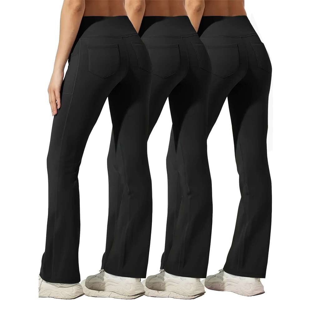 3pcs Women's Plus Size High-Waisted Booty Lift Flared Yoga Pants with Phone Pockets - Full-Length Trousers, Tummy Control Butt Lifting Design, Al