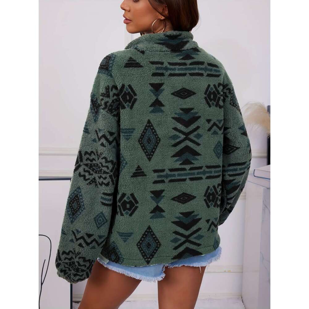 Women S Pullover Vintage Ethnic Half Zip Fleece Sweatshirt Stand Collar Warm Loose Pullover For Women Autumn Winter