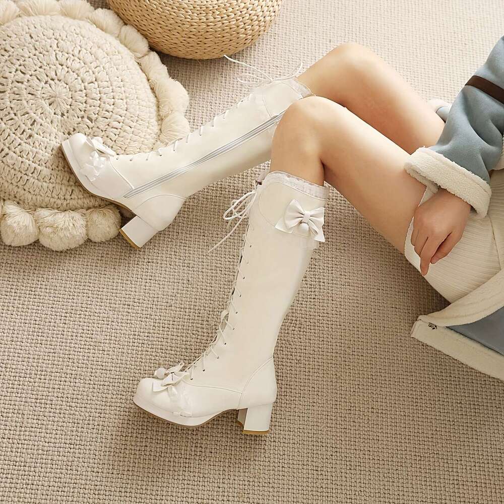 EROCALLI Women's Lace-Up Knee-High Boots With Bow Detail, Chunky Heel Side Zipper - PU Cover Dress Booties For All-Season Comfort, Casual & Wear,