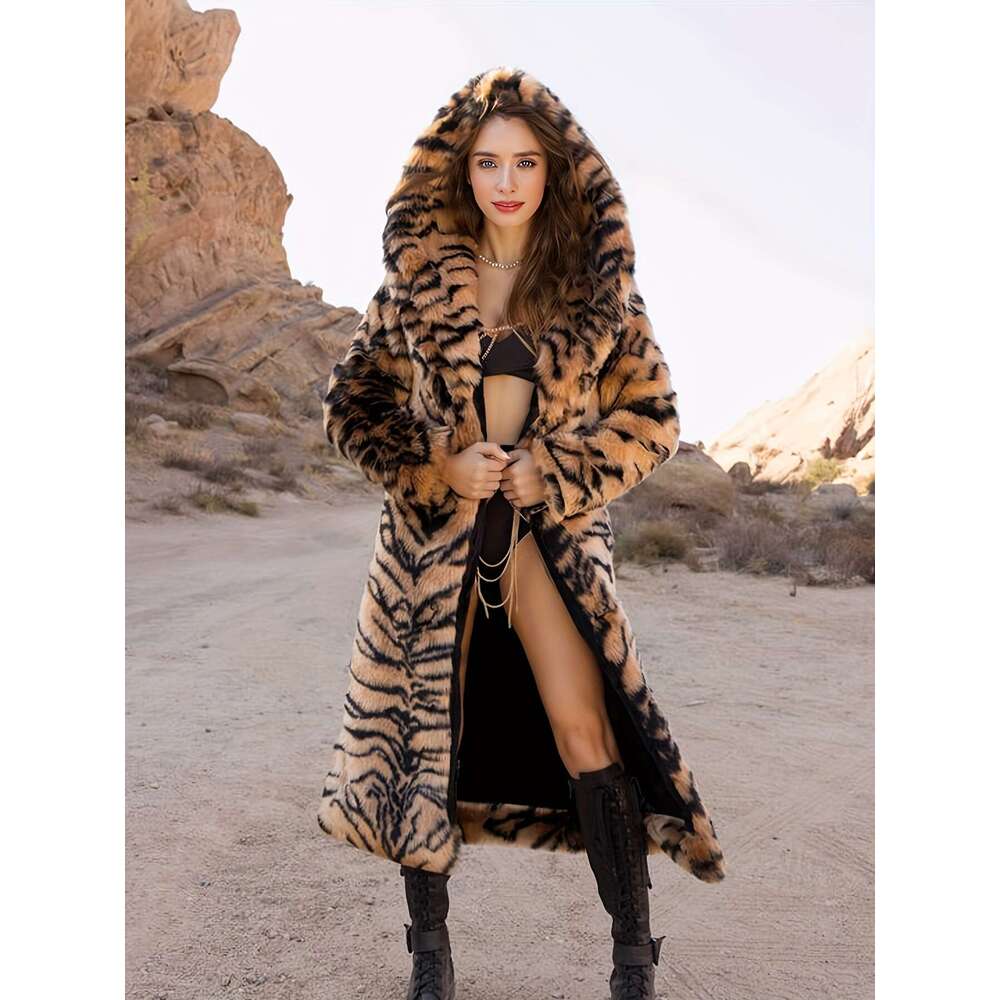Women S Elegant Leopard Print Hooded With Faux Grass Lining Long Winter Warmth Slim Fit Tailored Outerwear Single Breasted Closure Luxurious Fur Like 