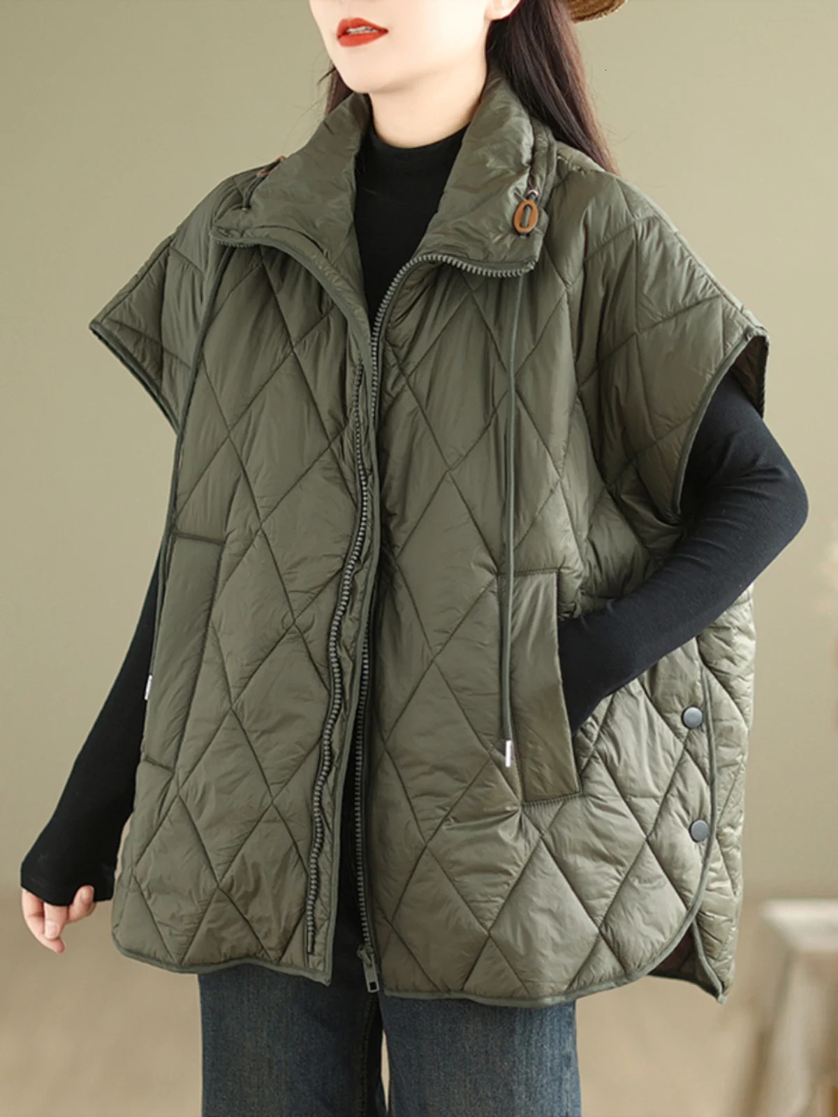 2025 Autumn Winter Loose Commute Cotton Jaet Womens Sle Diamond id down Cotton Vest Simple Matching Outerwear 251024