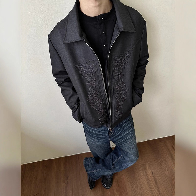 American Style Carved Designer Coat Western Embroidery Jacket Men's Trendy Brand Cleanfit Niche Design Short Turn-down Collar Jacket