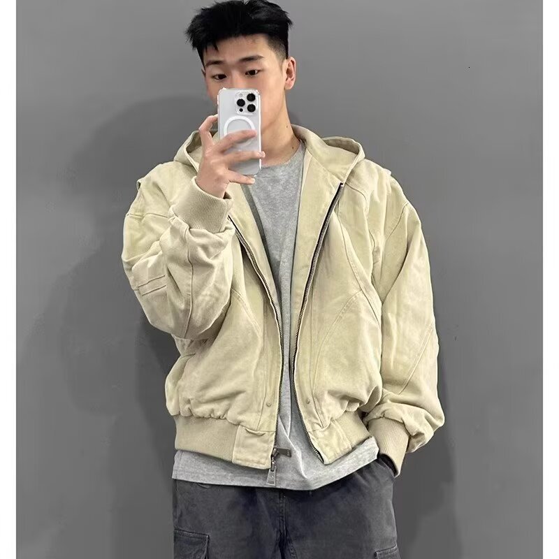 Khaki Short Jacket For Men Spring And Designer Jacket Autumn American Style Workwear Hooded Baseball Jacket High-end Feel Trendy Jacket