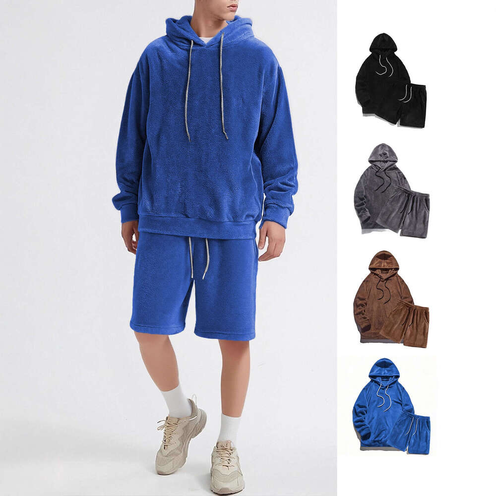 European Autumn Winter Plus Size Hooded Men's Casual Personality Fashion Sweatshirt Coral Fleece Jacket Shorts Set