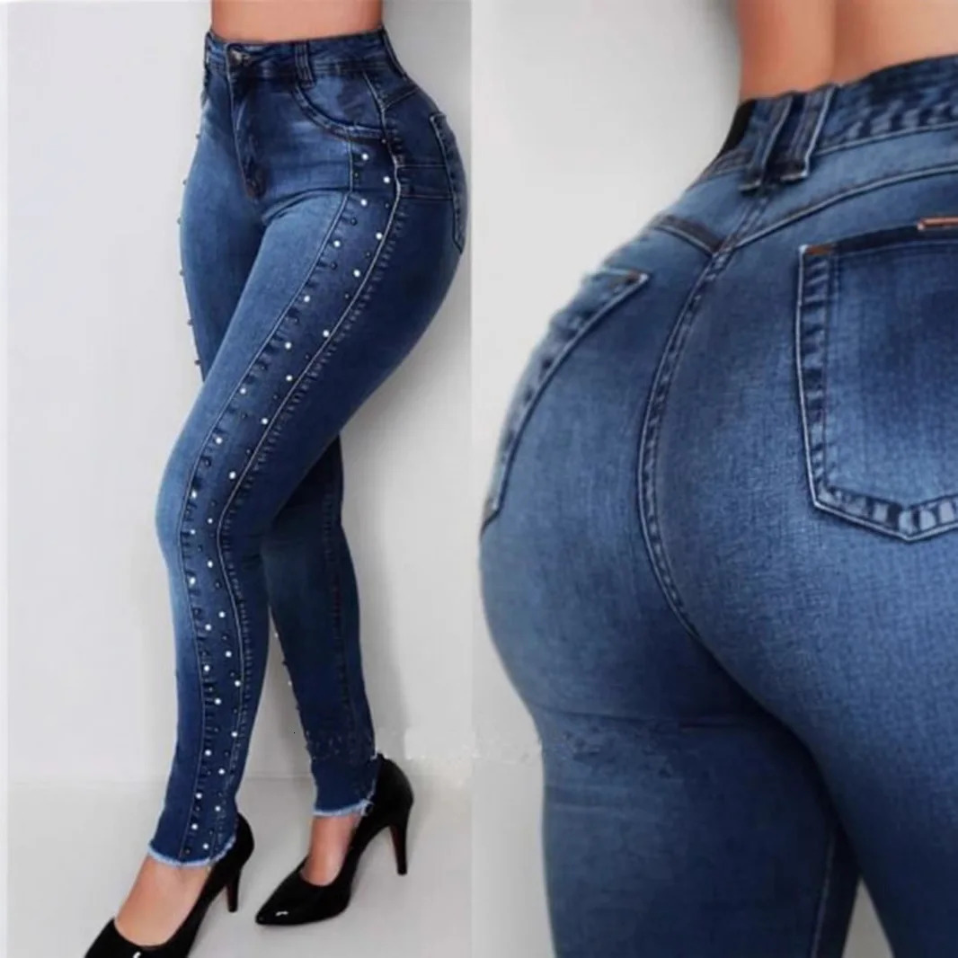 Slimming Hiplifting Highwaisted Smallleg Jeans Four Seasons Fashionable Diamondbeaded Casual Pencil Jeans for Women 251029