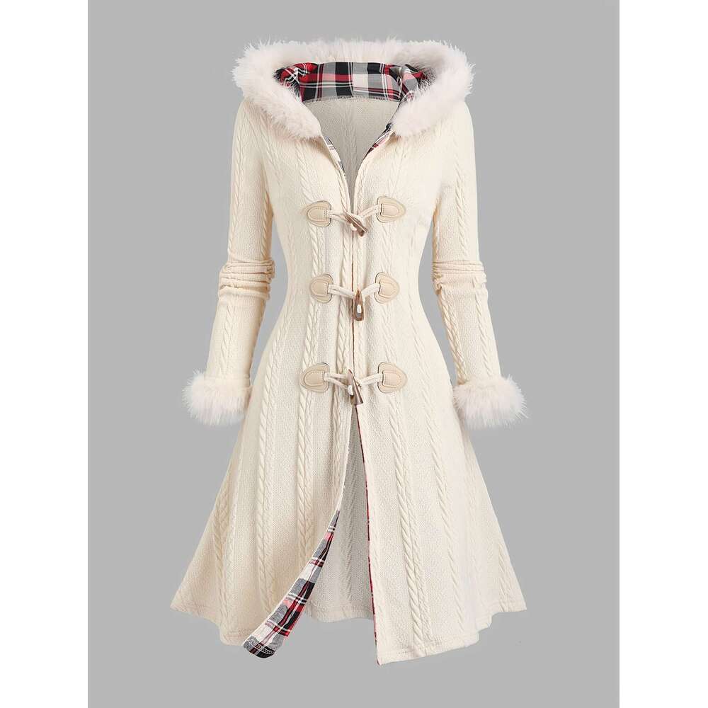 Y K Coat Y K Plaid Patchwork Hooded Coat Button Closure And Long Sleeves