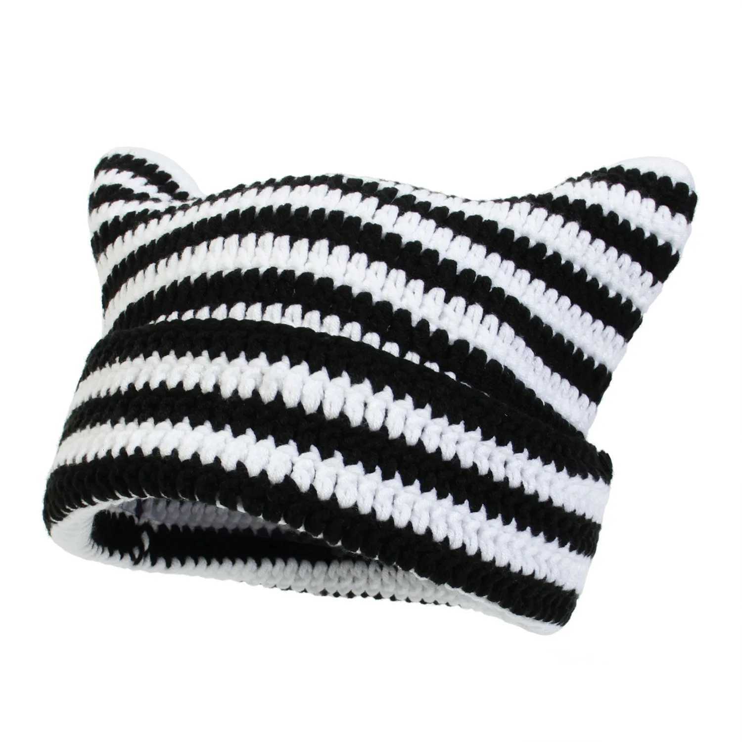 New Korean Style Handmade Crochet Acrylic Cat Ears Woman Winter Hat Striped Autumn Beanies Warm Soft Bonnet Skullies Cap GiftXJ251030