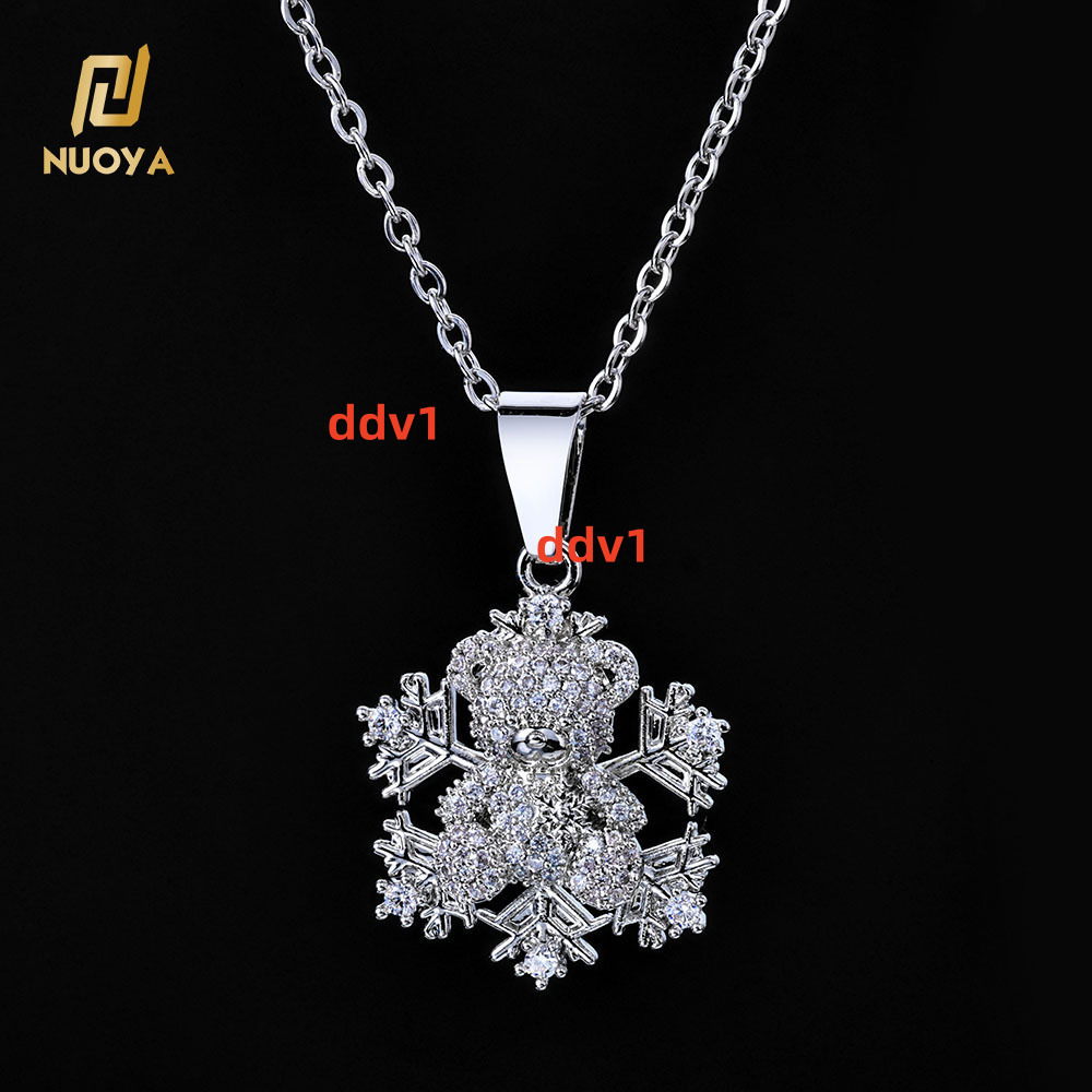 NUOYA Custom Bear Shape Snowflake Pendant Necklace Silver Plated Iced Out moissanite Charm Pendant for Christmas Gift Jewelry Designer's style
