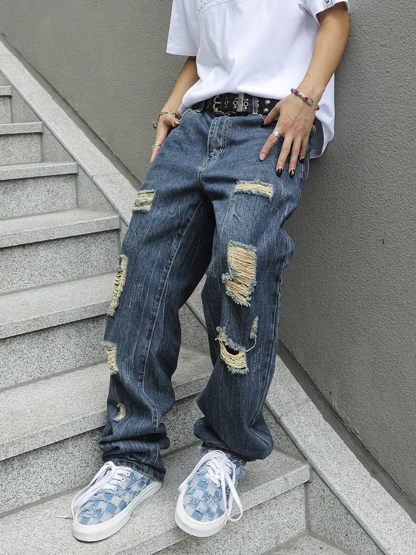 Mens Regular Fit Distressed Jeans Navy Blue Washed Ripped Denim Y2K HipHop Streetwear J251030