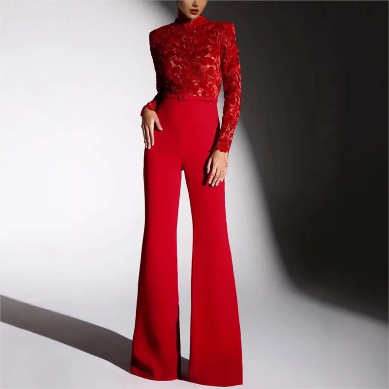 Embroidery Lace Red Jumpsuits Women Sexy Slim Longsleeved Belt High Waist Jumpsuit Female 2025 Casual Lady Party Rompers 251029