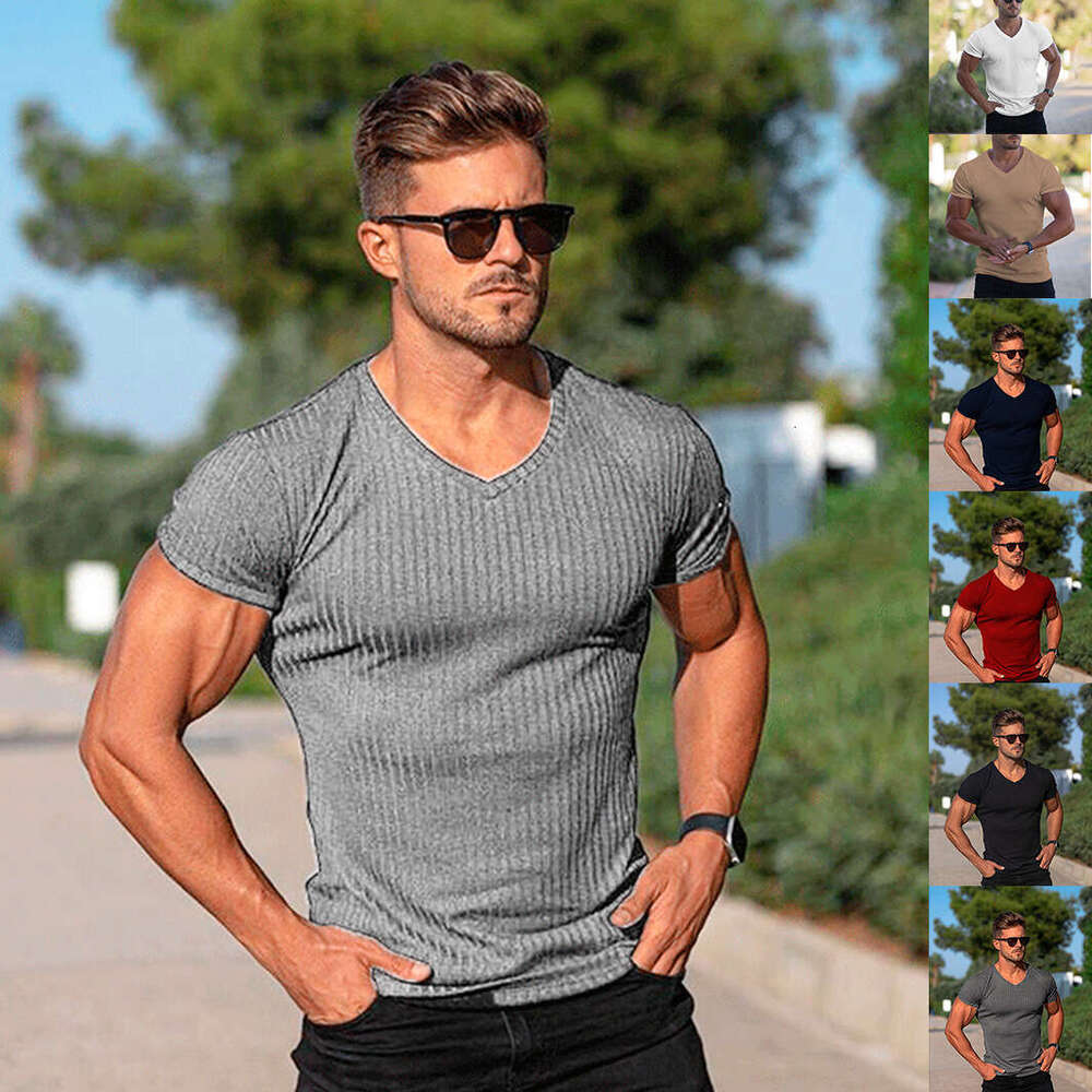 Men's Summer Sports Fitness Casual Solid Color V-Neck Short Sleeve T-Shirt